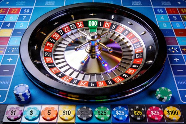 1xBet 輪盤遊戲介面，包含虛擬輪盤、投注格子與各種籌碼選擇